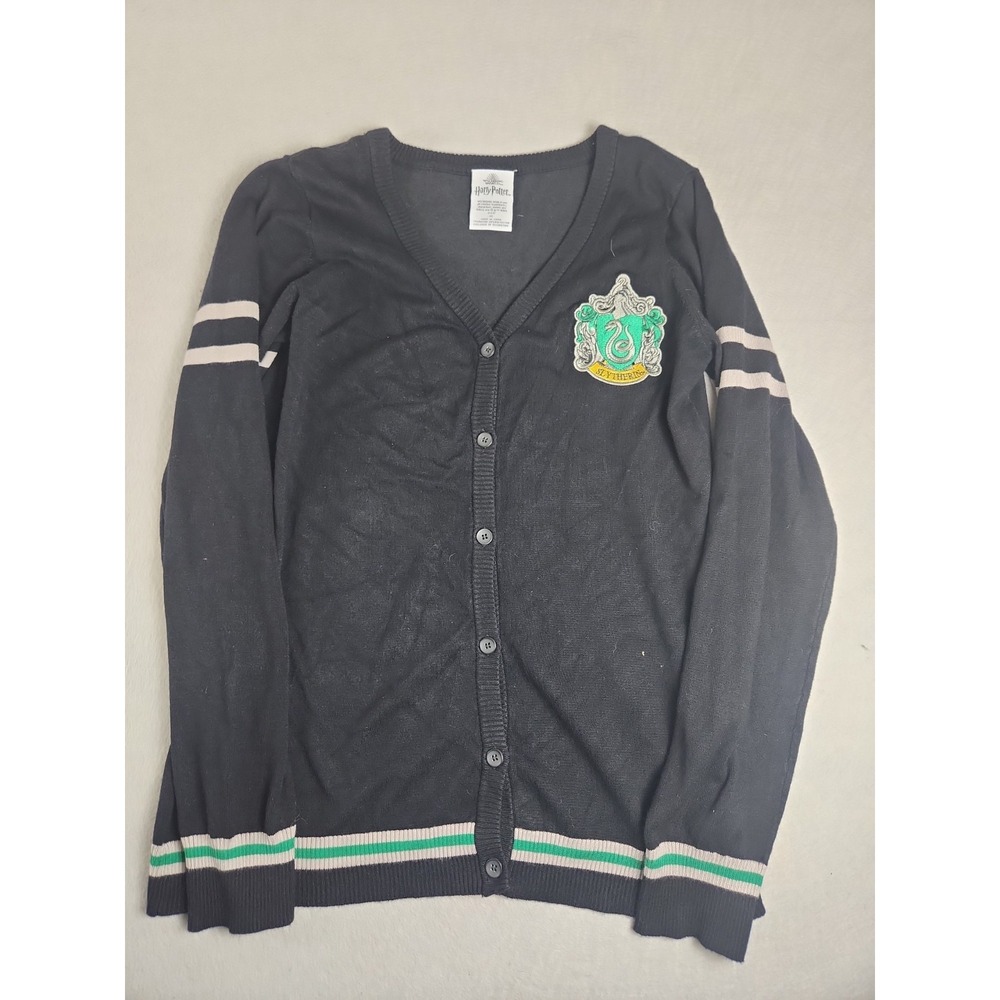 Slytherin Harry Potter Womens Cardigan Sweater Black Striped Arms Size XL